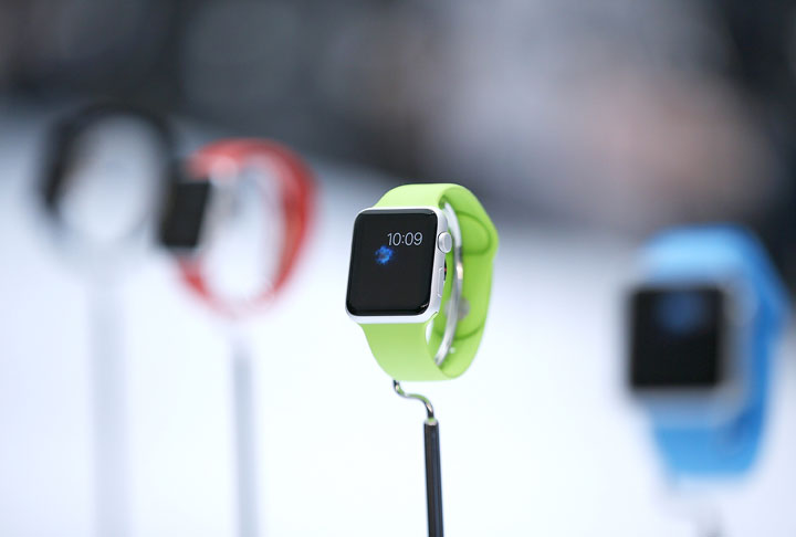 The new Apple Watch is displayed during an Apple special event at the Flint Center for the Performing Arts on September 9, 2014 in Cupertino, California.