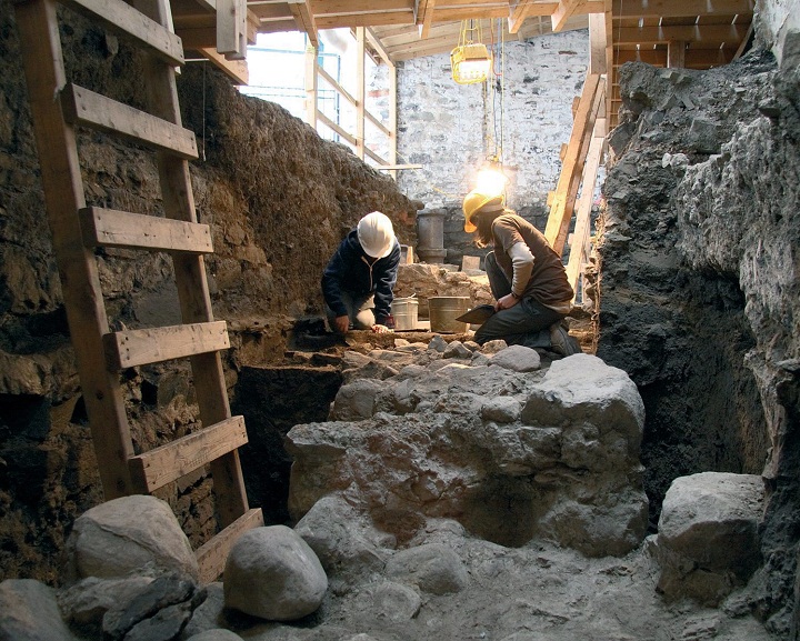 The excavation of masonry structures associated with Fort Ville-Marie is shown in a handout photo. The whereabouts of Montreal's original French settlement has baffled historians since the 19th century. But underneath a nondescript brown warehouse in Montreal's Old Port archaeologists believe they have finally found where the city was born.