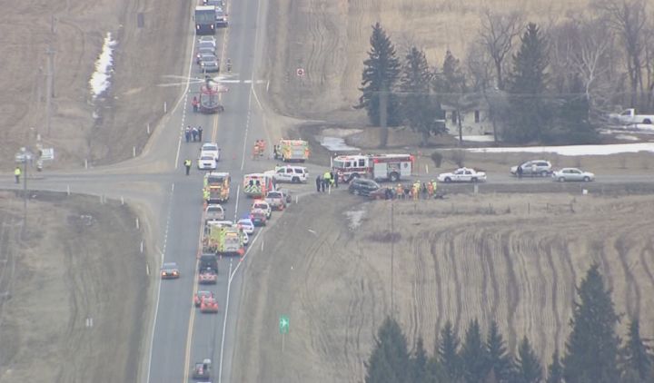 Three people were taken to hospital following a two-vehicle collision on Highway 814 Thursday, March 19, 2015.