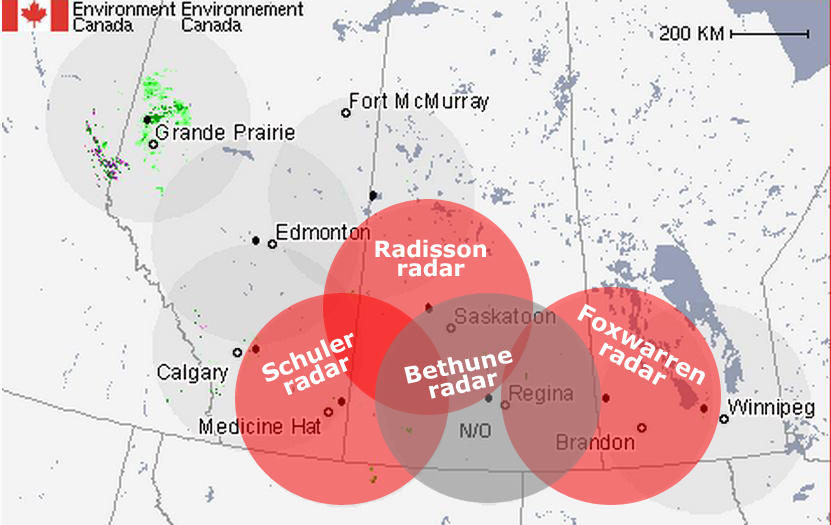In this graphic, red represents an active radar station. 
Grey represents the area that will be offline until the end of March.