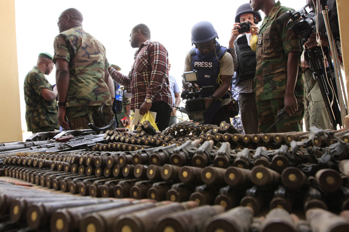 A stockpile of arms and ammunition seized from Boko Haram fighters in Maiduguri, Nigeria, in June, 2013. 