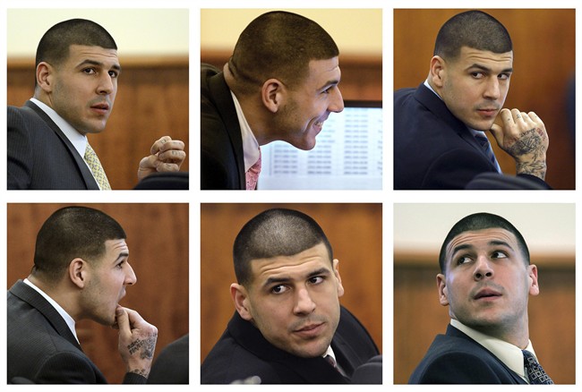 In this panel of 2015 file photos, former New England Patriots football player Aaron Hernandez sits in court during his murder trial in Fall River, Mass. 