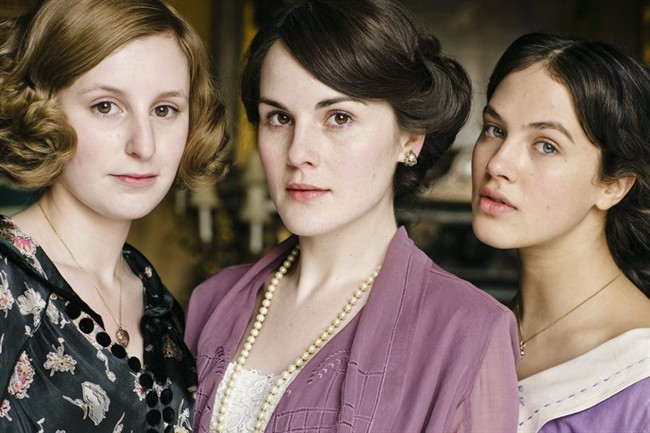 Laura Carmichael as Lady Edith Crawley, Michelle Dockery as Lady Mary Crawley, Jessica Brown-Findlay as Lady Sybil Crawley, in season 6 of the television series, "Downton Abbey.".