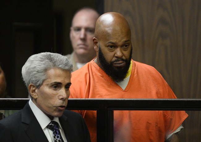 FILE - In this Tuesday, Feb. 3, 2015, file photo, Marion "Suge" Knight, right, is joined by his attorney David Kenner, left, during his arraignment, in Compton, Calif. Knight is due to appear in a Los Angeles courtroom on Monday, March 9, 2015, for a hearing to discuss the handover of evidence from prosecutors in a murder case filed after the Death Row Records killed a man after running over him in Compton in late January.