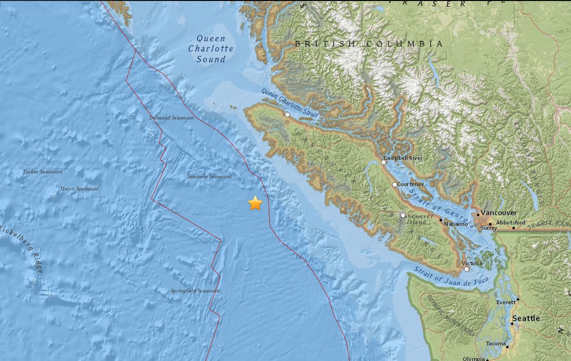 A magnitude 4.8 earthquake occurred off the coast of Vancouver Island.