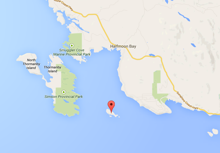 Location of Merry Island, where two people swam to rescue after their tugboat sank on March 18, 2015.