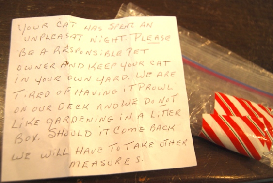 The note that was duct taped to the cat's collar.