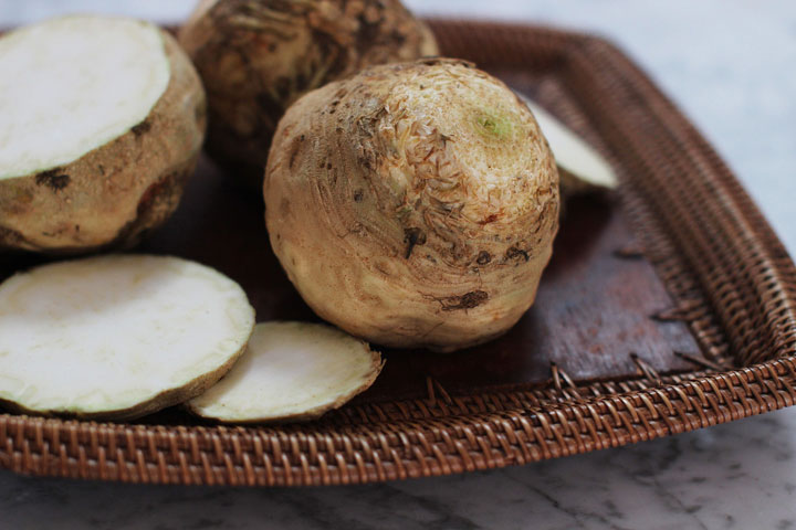 This March 2, 2015 photo shows a celery root in Concord, N.H. Celery root is a good source of filling fiber and vitamins C and K.