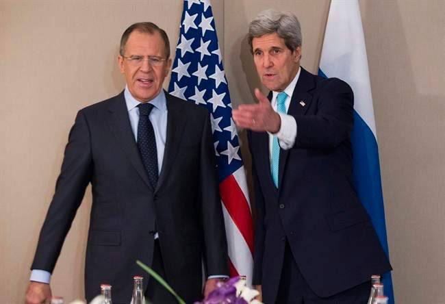 U.S. Secretary of State John Kerry, right, meets with Russian Foreign Minister Sergey Lavrov Monday, March 2, 2015 in Geneva.