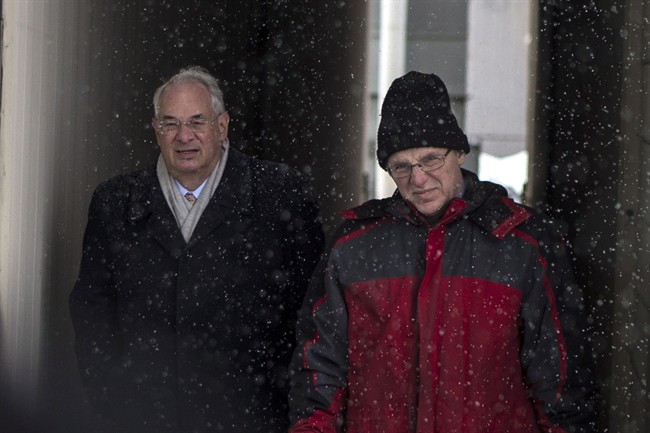 Former university professor Benjamin Levin (right), who faces child pornography charges, arrives at court in Toronto, Tuesday, March 3, 2015 with his lawyer Clayton Ruby. 