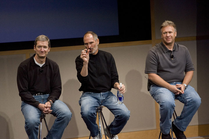Tim Cook, Steve Jobs and Phil Schiller, answer questions after Jobs introduced new versions of the iMac and iLife applications August 7, 2007.