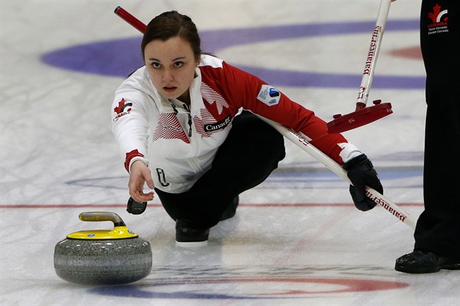 Canadian skip Kelsey Rocque delivers a rock at the World Junior Curling Championships 2015 in Tallinn, Estonia, Sunday, March 8, 2015. Canada beat Scotland 8-2 to take the women's title.