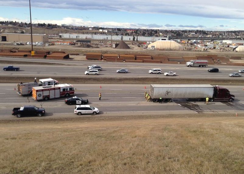 A collision involving a vehicle and semi-trailer on northbound Deerfoot Trail near 32nd Avenue N.E. on Thursday, March 26th, 2015. 