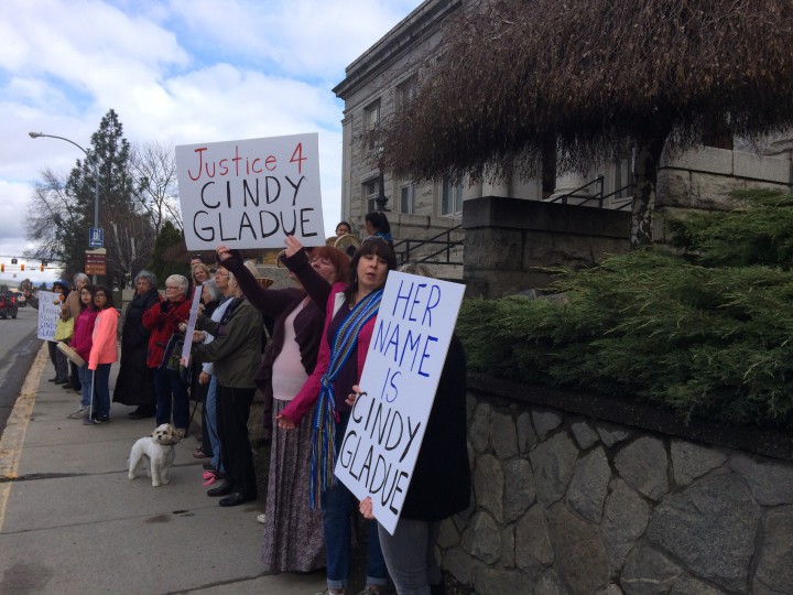 Demonstrators gathered in front of the Vernon Law Courts Tuesday to protest the verdict of an Edmonton trial. 
