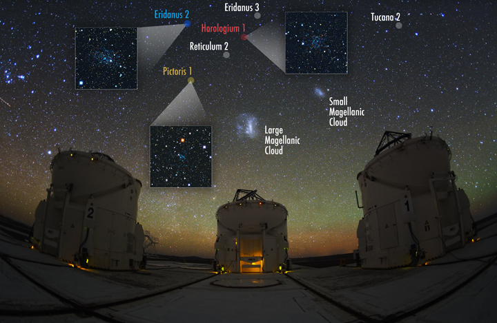 The Magellanic Clouds and the Auxiliary Telescopes at the Paranal Observatory in the Atacama Desert in Chile. Only 6 of the 9 newly discovered satellites are present in this image. The other three are just outside the field of view.