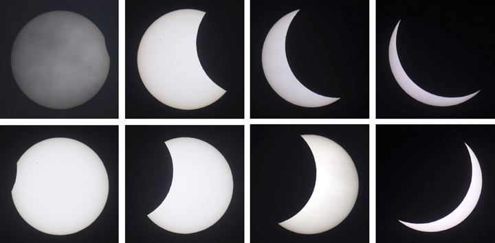 A combo of images showing from clockwise top left the phases of a solar eclipse as seen in Northumberland, England Friday March 20, 2015.