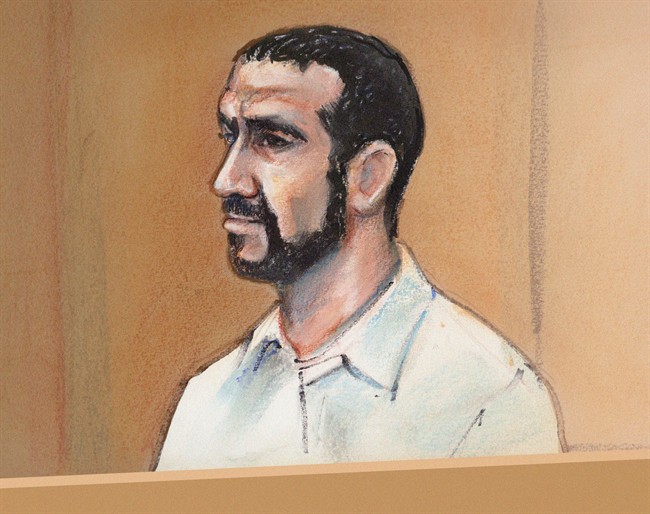 In this artist's sketch, Omar Kahdr attends his bail hearing in Edmotnon, Tuesday, March 24, 2015.