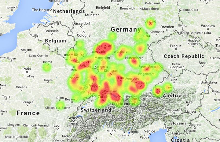 A map illustrating the observations of a meteor that many residents saw and heard in parts of central Europe.