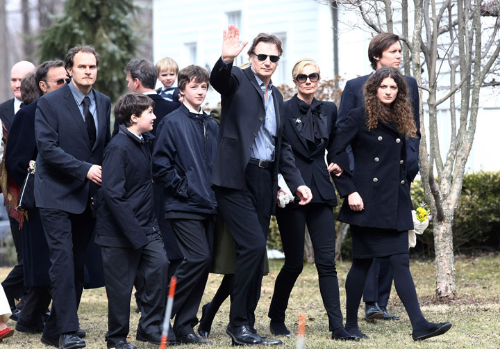 Micheál Neeson, to the left of his father Liam Neeson, pictured at the funeral of Natasha Richardson in 2009.