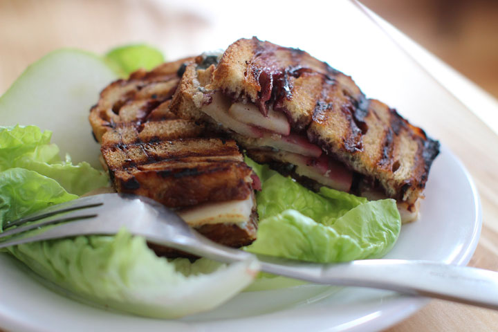 This March 2, 2015 photo shows grilled pear and blue cheese sandwich on cinnamon raisin bread in Concord, N.H.