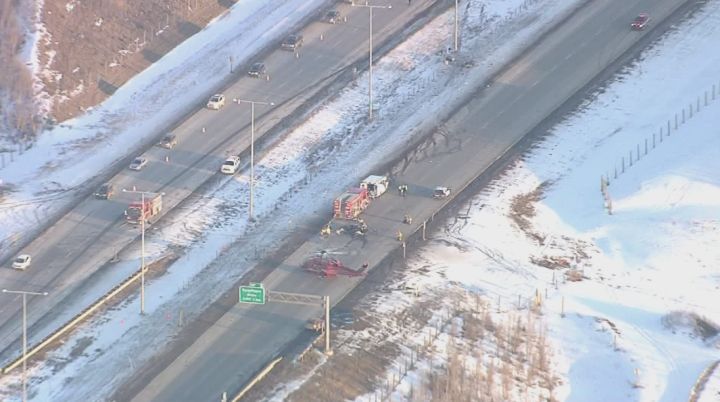 A view of the crash scene from the Global 1 News Helicopter Sunday, March 1, 2015.