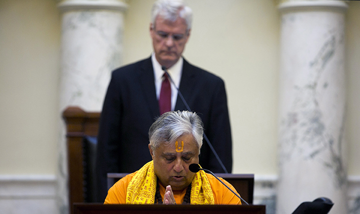Rajan Zed, President of Universal Society of Hinduism, delivers a prayer from Sanskrit scriptures before the Idaho Senate on Tuesday, March 3, 2015 in Boise. 