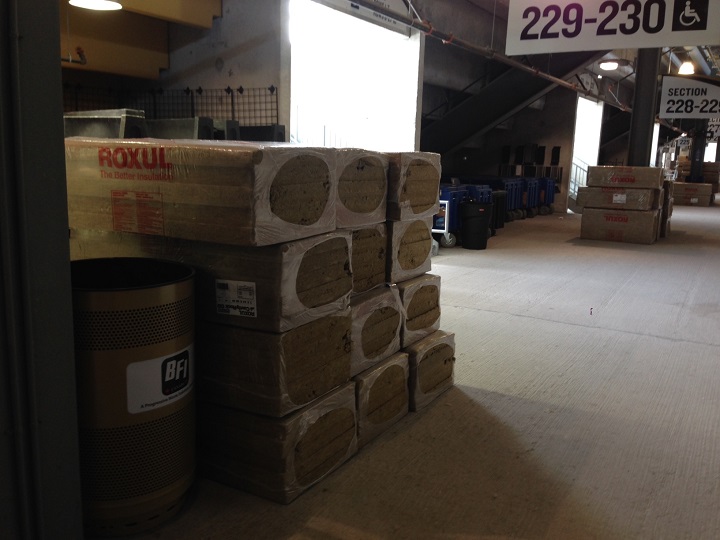 Insulation is stacked inside Investors Group Field, ready to be installed as part of remedial work on the stadium.