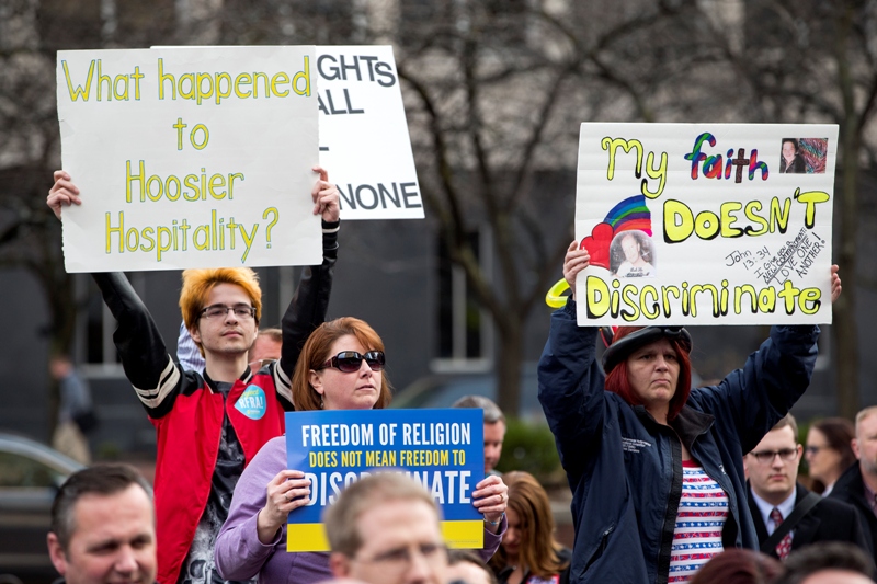 Demonstrators gather outside the City County Building on March 30, 2015 in Indianapolis, Indiana. The group called on the state house to roll back the controversial Religious Freedom Restoration Act, which critics say can be used to discriminate against gays and lesbians.