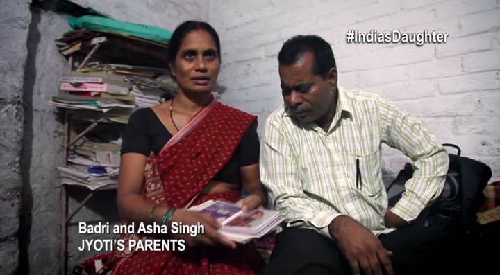 In a scene from the trailer for “India’s Daughter,” Asha and Badri Singh show the filmmakers photos of their daughter, Jyoti.