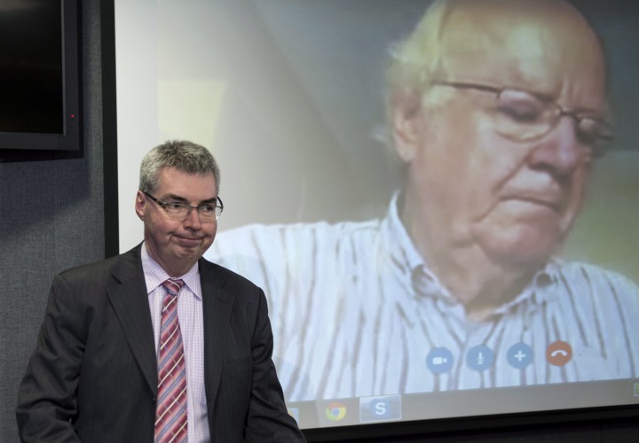 CHUM executive director Jacques Turgeon, left, and chairman of the board Jean-Claude Deschenes, via teleconference, get ready for a news conference following their resignations in Montreal on Friday, March 6, 2015.