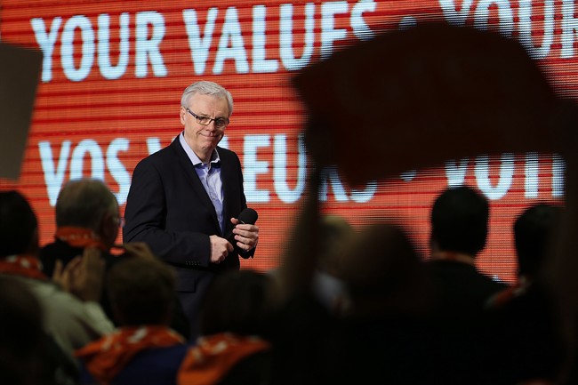 Premier Greg Selinger gives his candidate speech during the 2015 NDP leadership convention. 