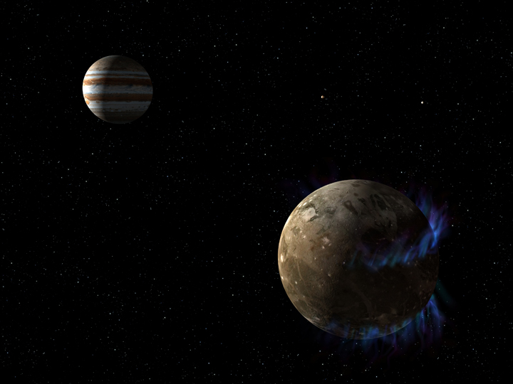 In this artist’s concept, the moon Ganymede orbits the giant planet Jupiter. Ganymede orbits the giant planet Jupiter. NASA’s Hubble Space Telescope observed aurorae on the moon generated by Ganymede’s magnetic fields. 