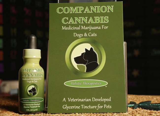 In this May 30, 2013, file photo, Companion Cannabis, by Holistic Therapeutics, a Marijuana medicinal tincture for dogs and cats is displayed at La Brea Compassionate Caregivers, a medical marijuana dispensary in Los Angeles. A.
