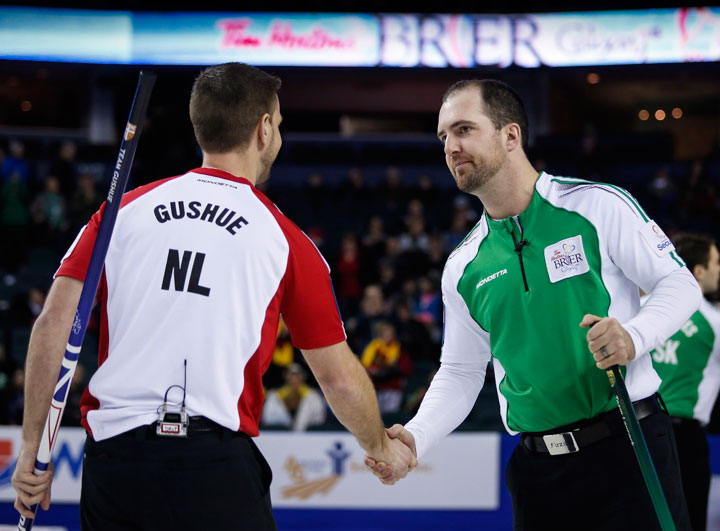 Saskatchewan skip Steve Laycock, right, shakes hands with Newfoundland and Labrador skip Brad Gushue after defeating him in the bronze medal game at the Brier in Calgary, Sunday, March 8, 2015.