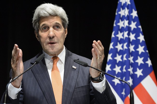 U.S. Secretary of State John Kerry speaks during a news conference after bilateral meetings with Iranian Foreign Minister Mohammad Javad Zarif about Iran's nuclear program , in Lausanne, Switzerland, at the Olympic Museum, Saturday, March 21, 2015.