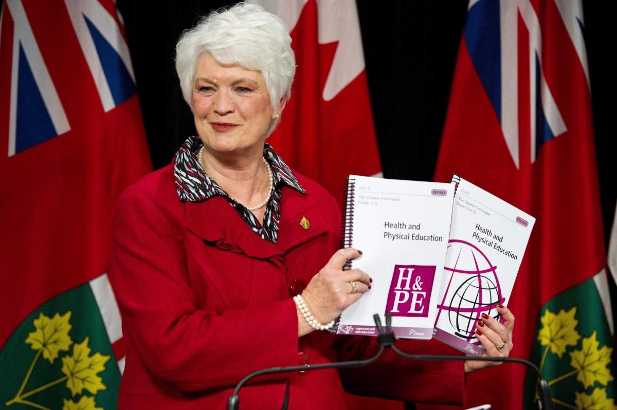 Ontario Education Minister Liz Sandals presents the revised Health and Physical Education curriculum at a press conference at Queen's Park in Toronto, Monday, February 23, 2015. 