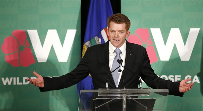 Newly elected Wildrose Leader Brian Jean speaks after winning the party leadership vote in Calgary, Alta., Sat., March 28, 2015.