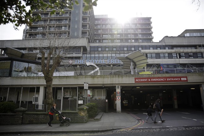 An exterior view shows the facade of the Royal Free Hospital in north London, which has a specialist isolation unit for treating the Ebola virus, Thursday, March 12, 2015. 