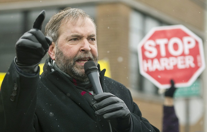 NDP Leader Thomas Mulcair speaks during a protest on a national day of action against Bill C-51, the government's proposed anti-terrorism legislation, in Montreal, Saturday, March 14, 2015. 