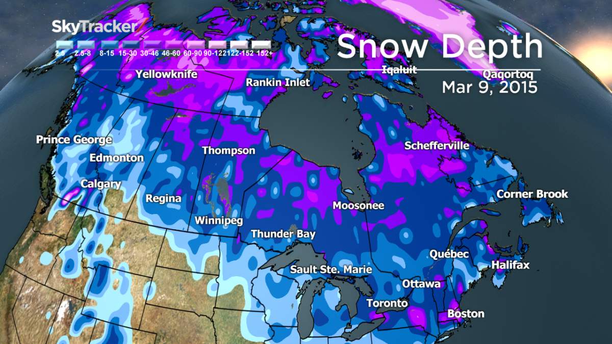 A map of the snow depth across Canada.