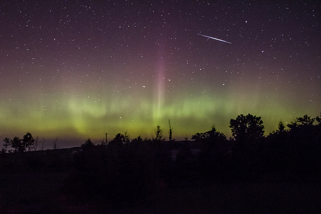 These aurora, seen north of Toronto, were visible to the naked eye, but not by a lot. However, this 30-second exposure shot at an ISO of 1600 drew out the colours quite nicely.