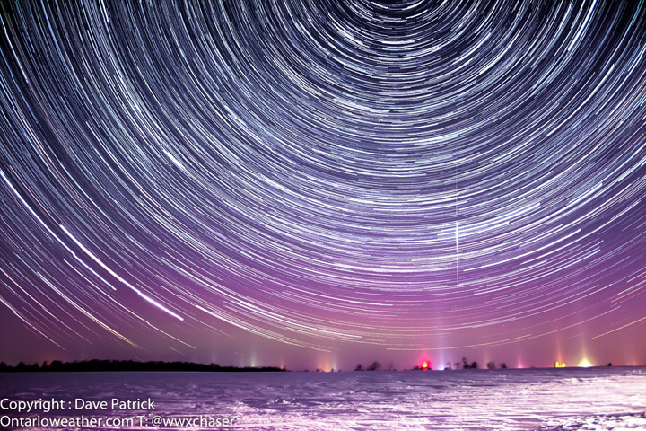 Northern Lights, light pillars and Iridium flare