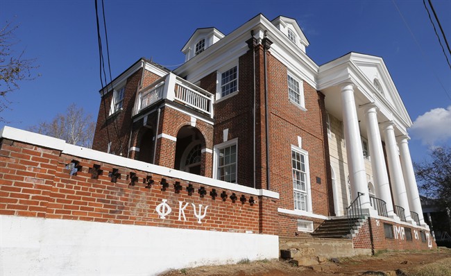 This Nov. 24, 2014 file photo shows the Phi Kappa Psi fraternity house at the University of Virginia in Charlottesville, Va. 