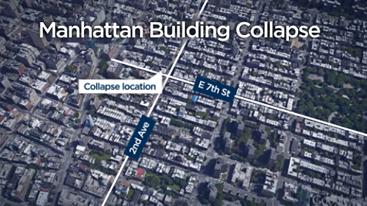 The location of a building fire and partial collapse in Manhattan, New York, on Mar. 26, 2015.
