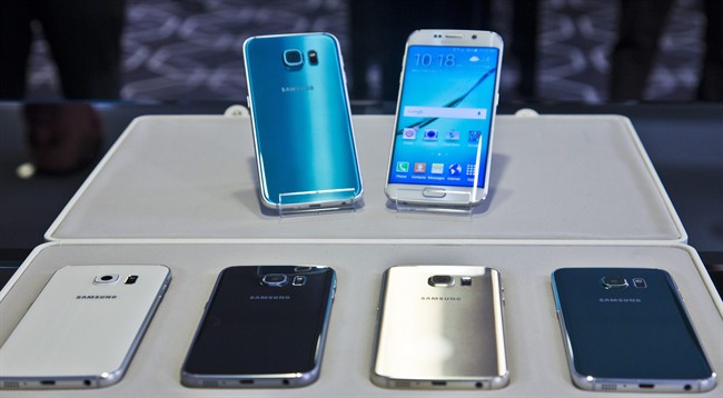 Samsung's two new phones, the Galaxy S6, top left, and the Galaxy S6 Edge, to right.