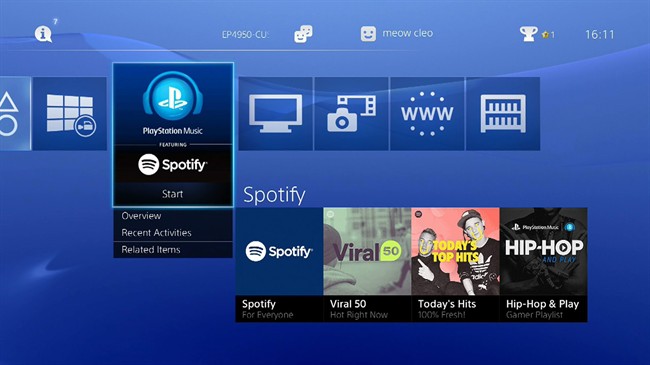 Menu for the Sony PlayStation 4 showing the Spotify app.