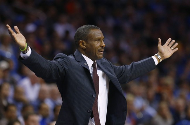 Toronto Raptors head coach Dwane Casey gestures in the first quarter of an NBA basketball game against the Oklahoma City Thunder in Oklahoma City, Sunday, March 8.