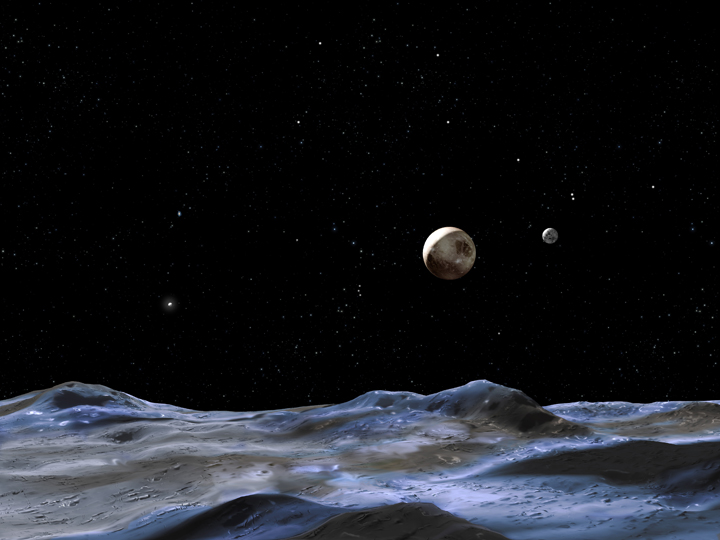 An artist’s concept of the view of Pluto and Charon as seen from one of its smaller moons.