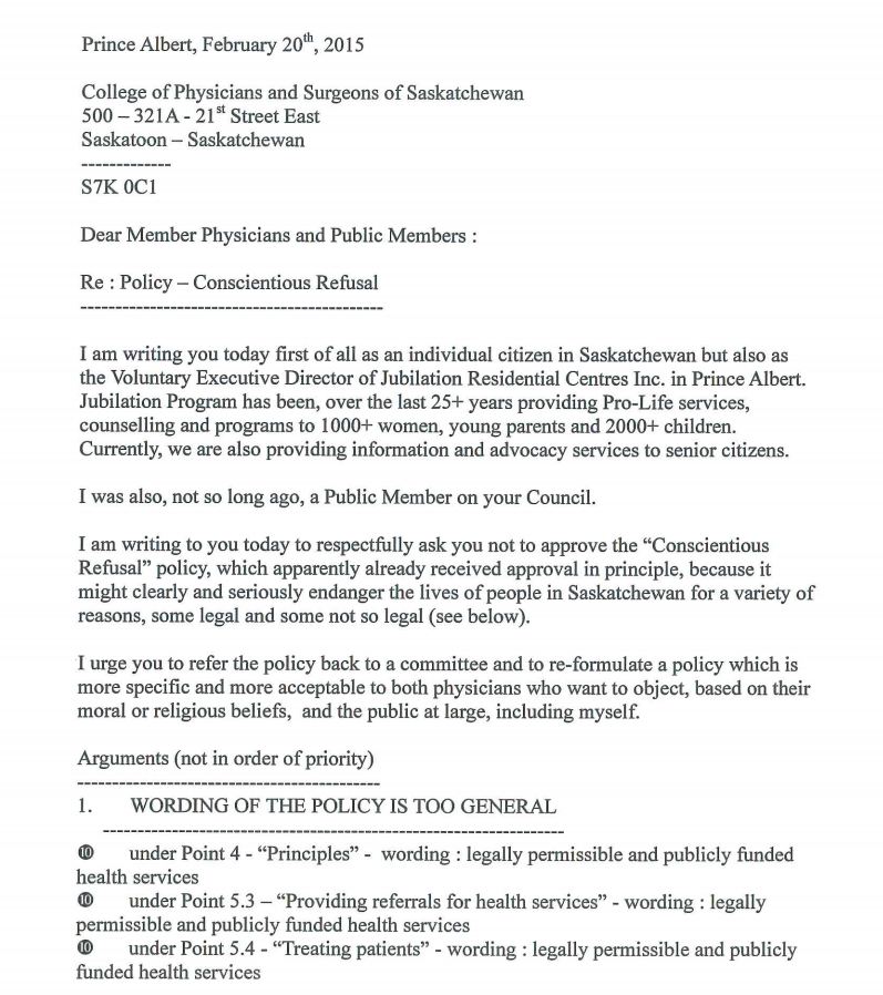 Letter provided by the Saskatchewan Pro Life Association.