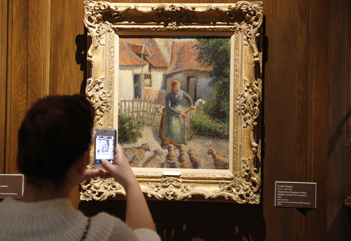 In a Saturday, Feb. 8, 2014 photo, a visitor to the University of Oklahoma in Norman, Okla., takes a photograph of a piece called “Shepherdess Bringing in Sheep” by French impressionist artist Camille Pissarro, on display.